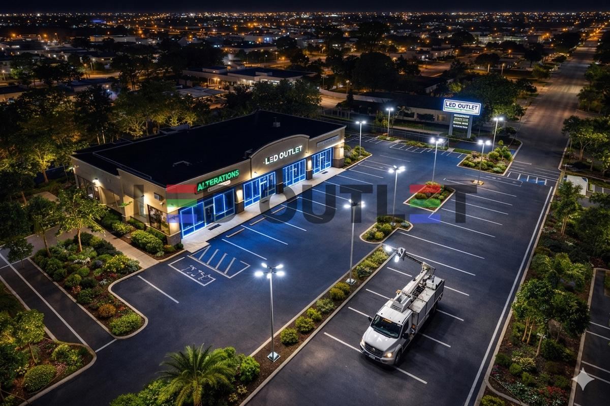 LED OUTLET shop and bucket truck at night, 408 N Kirkman Rd, Orlando